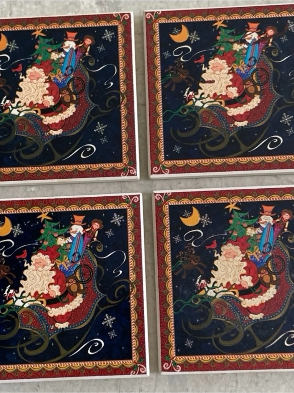 Set of 4 Christmas Santa In Sleigh | Ceramic Coasters W/ Cork Back